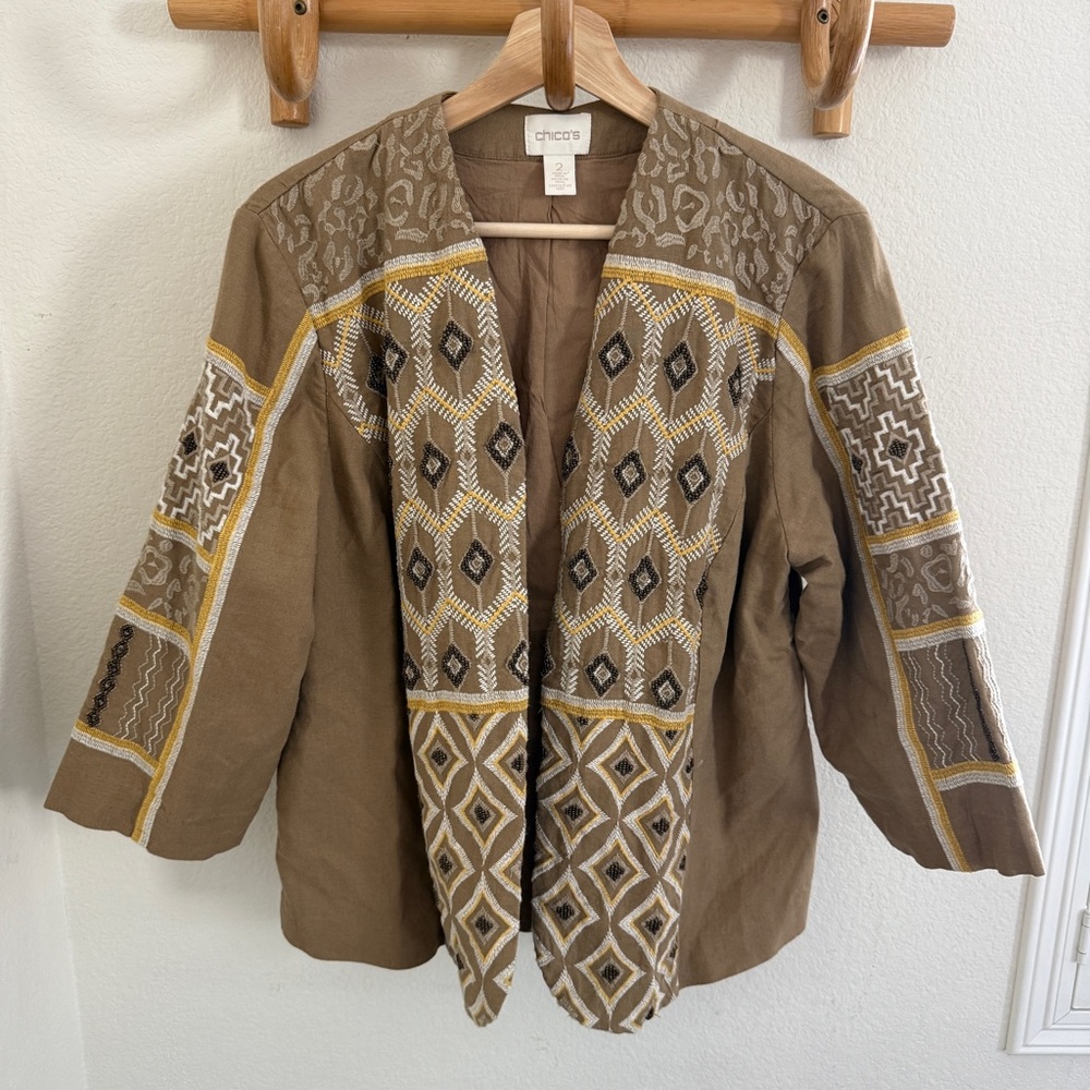 Chico's tan boho artisan embroidered Linen Blend Open Front Blazer Jacket size L